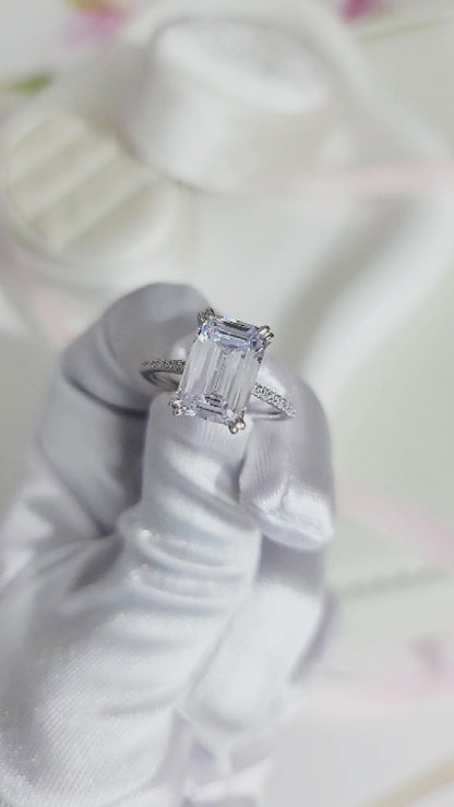 PHOEBE Emerald Cut Pave White CZ Diamond Ring in Rhodium Over Sterling Silver