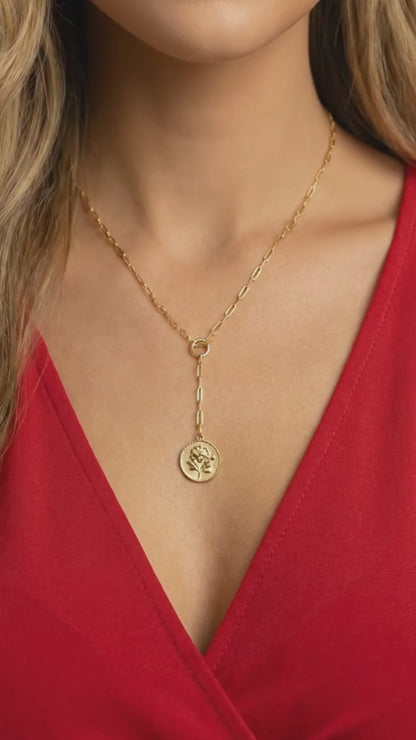 SIMONNE Rose Paperclip Chain Link Flower Drop Pendant Necklace 18K Gold Over Sterling Silver